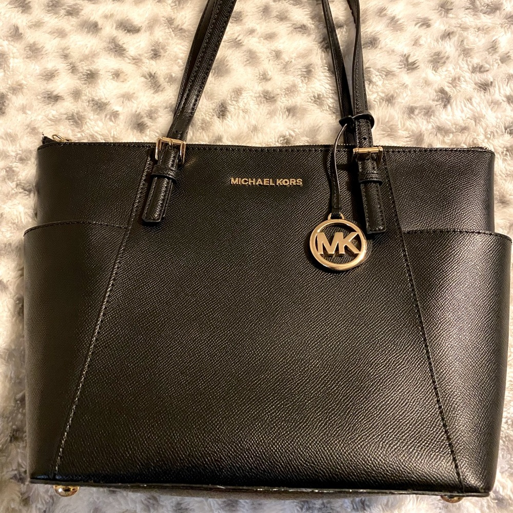 Large Black Saffiano Leather Zip Tote Bag